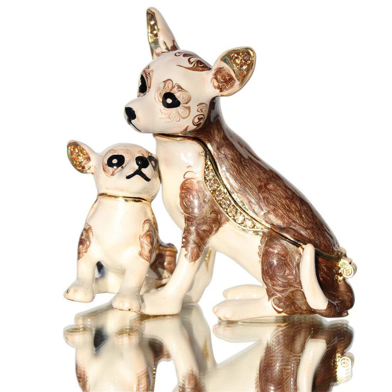 [Australia] - Waltz&F Trinket Box Hinged Hand-painted Chihuahua Mother and son dog Ring Holder brown 