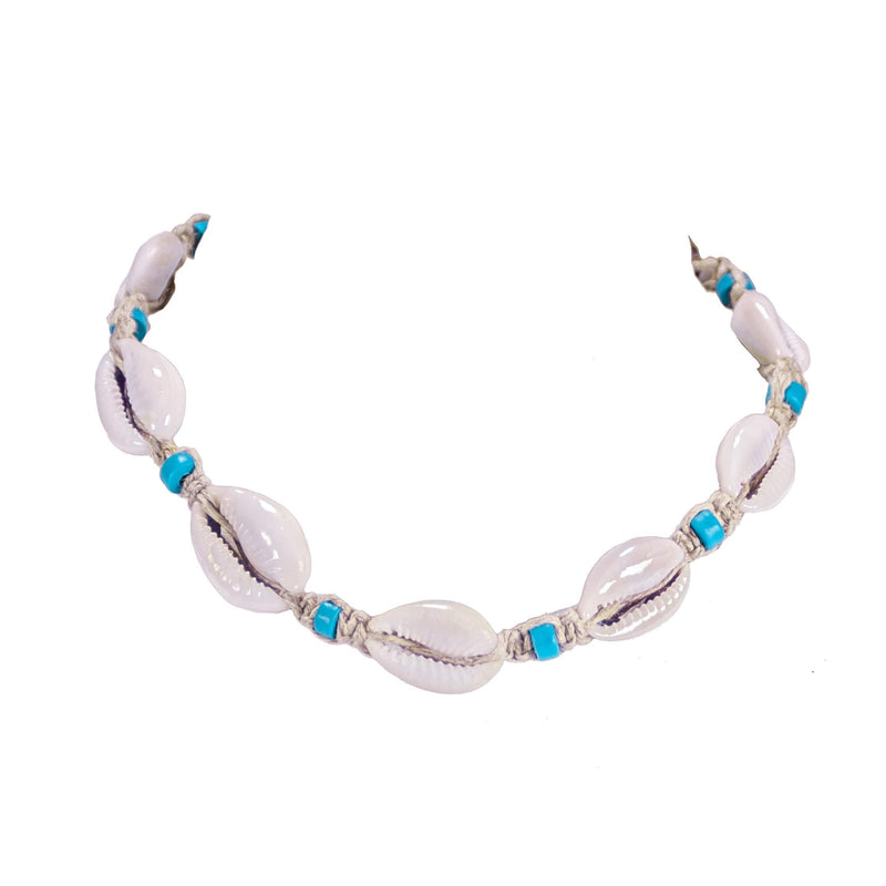 [Australia] - BlueRica Hemp Cord Choker Necklace with Cowrie Shells and Blue Fimo Beads 