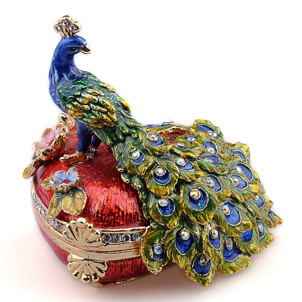 [Australia] - Minihouse Heart Shaped Peacock Pewter Figurine Trinket Box Crystals Tail Feathers Jewelry Ring Box Hinged Hand-Painted,Unique Gift for Home Décor 