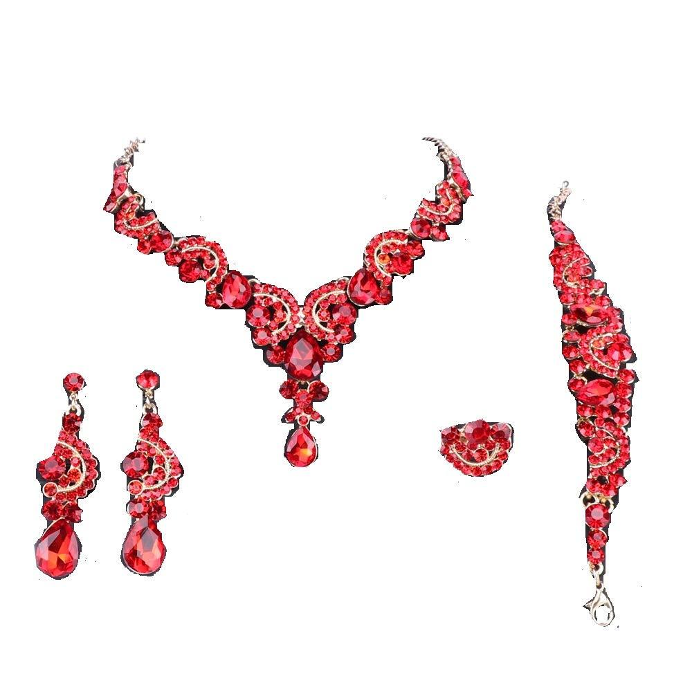 [Australia] - WANG Fashion Crystal Wedding Jewelry Sets for Bride Party Costume Accessories Bridal Necklace Earring Set Red 