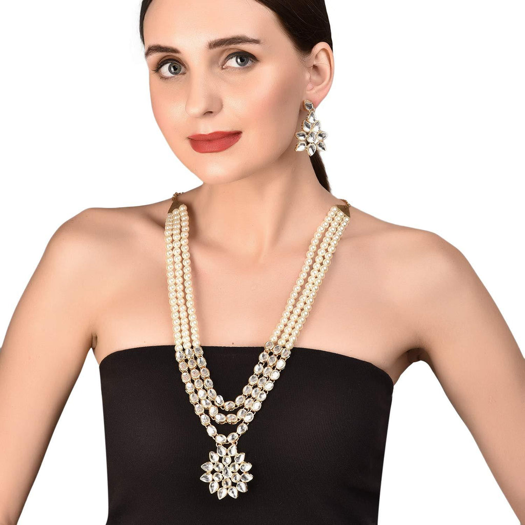 [Australia] - Touchstone New Contemporary Kundan Collection Indian Bollywood Majestic Indian Mughal Kundan Look Triple Line Faux Pearls Strands Long Designer Jewelry Wedding Necklace Set in Antique Gold Tone for 