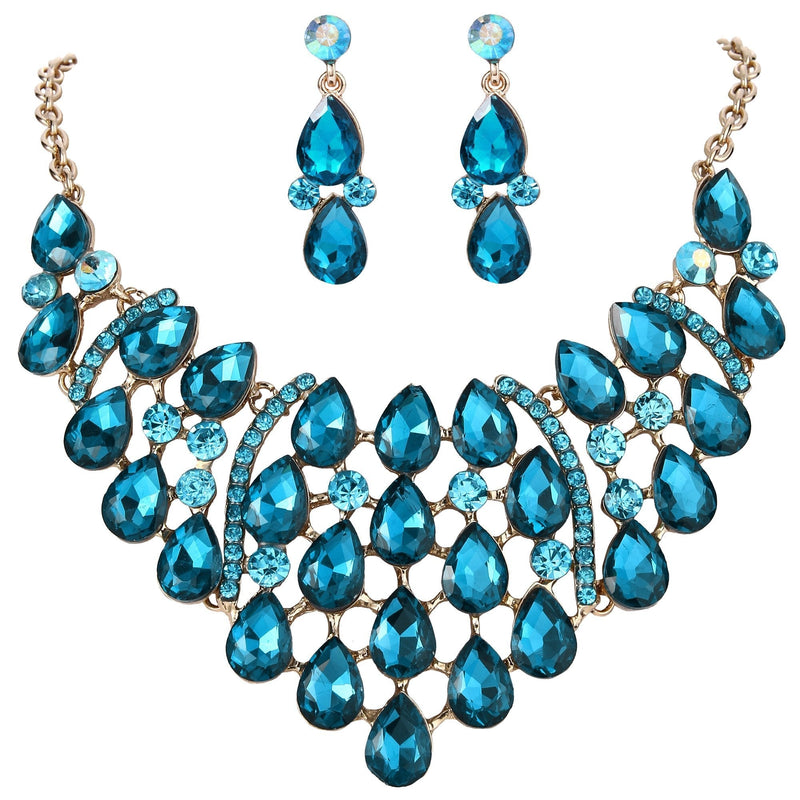 [Australia] - EVER FAITH Rhinestone Crystal Gorgeous Teardrop Statement Necklace Earrings Set Blue Gold-Tone 