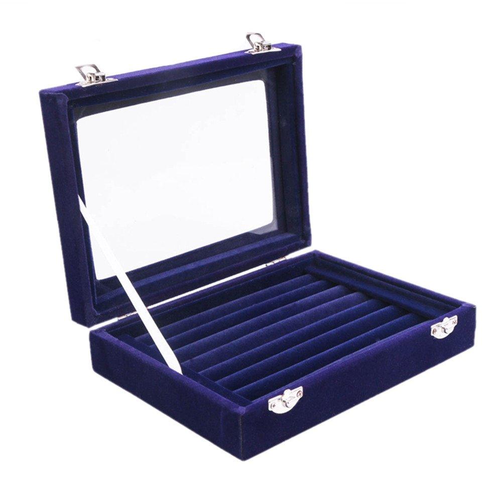 [Australia] - Pasutewel Velvet Glass Ring Jewellery Display Storage Box Jewelry Holder Storage Organizer Stand 7 Slots (Blue) Blue 