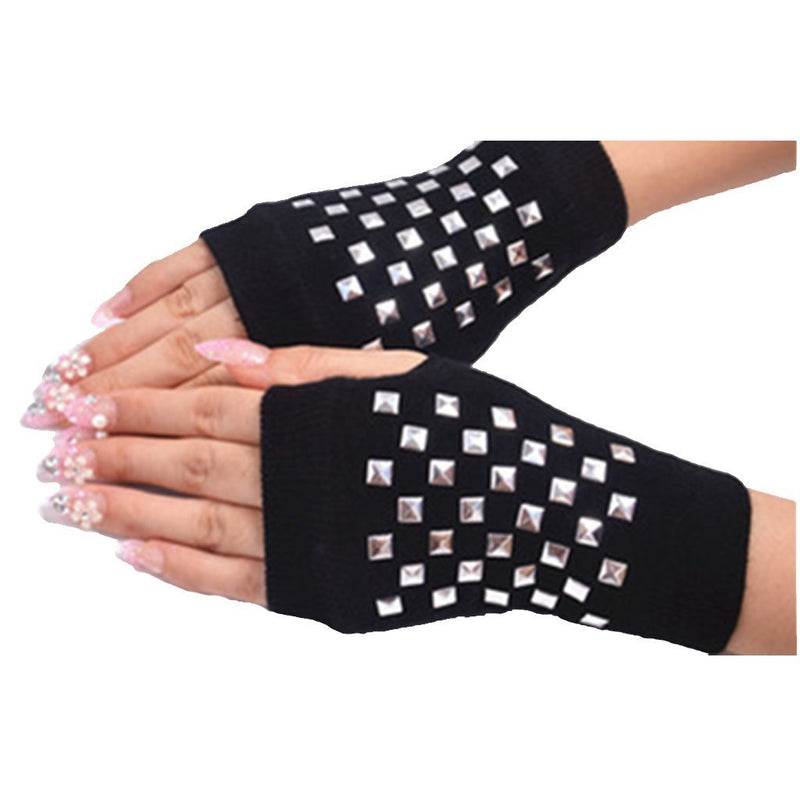 [Australia] - DreamHigh Womens 6" Stud Metal Wrist Length Fingerless Punk Gloves Blocks 