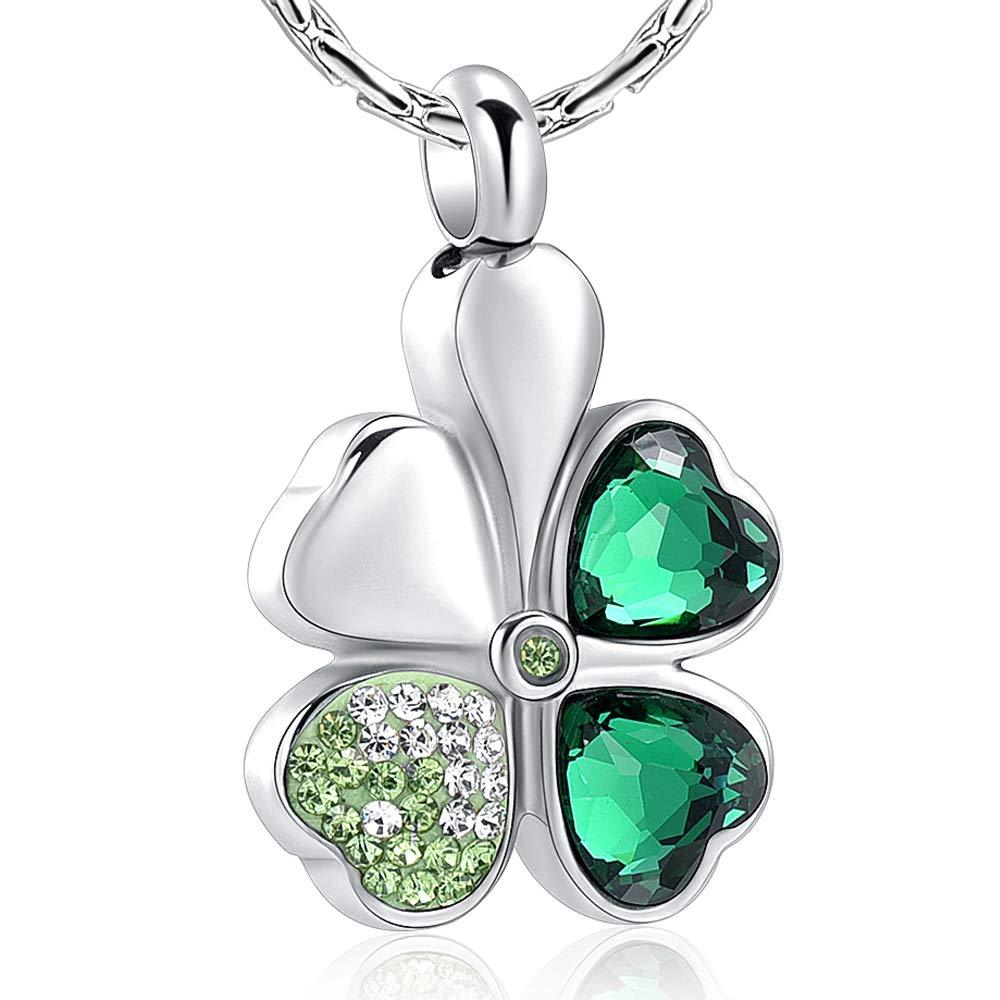 [Australia] - constantlife Cremation Jewelry Memorial Urn Necklace for Ashes Lucky Four-Leaf Clover Design Stainless Steel Pendant Keepsake Silver+Dark Green 