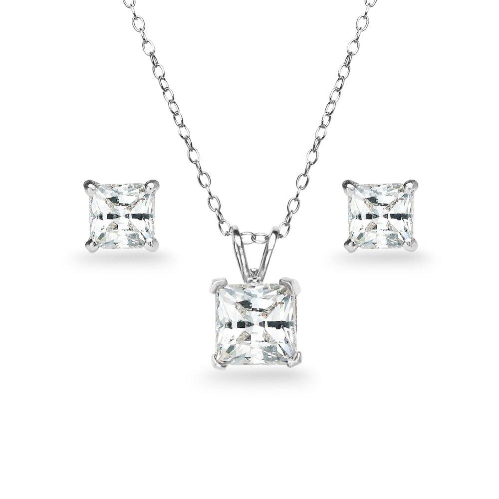 [Australia] - GemStar USA Sterling Silver Princess-Cut Solitaire Necklace & Stud Earrings Set Made with Swarovski Zirconia sterling-silver 