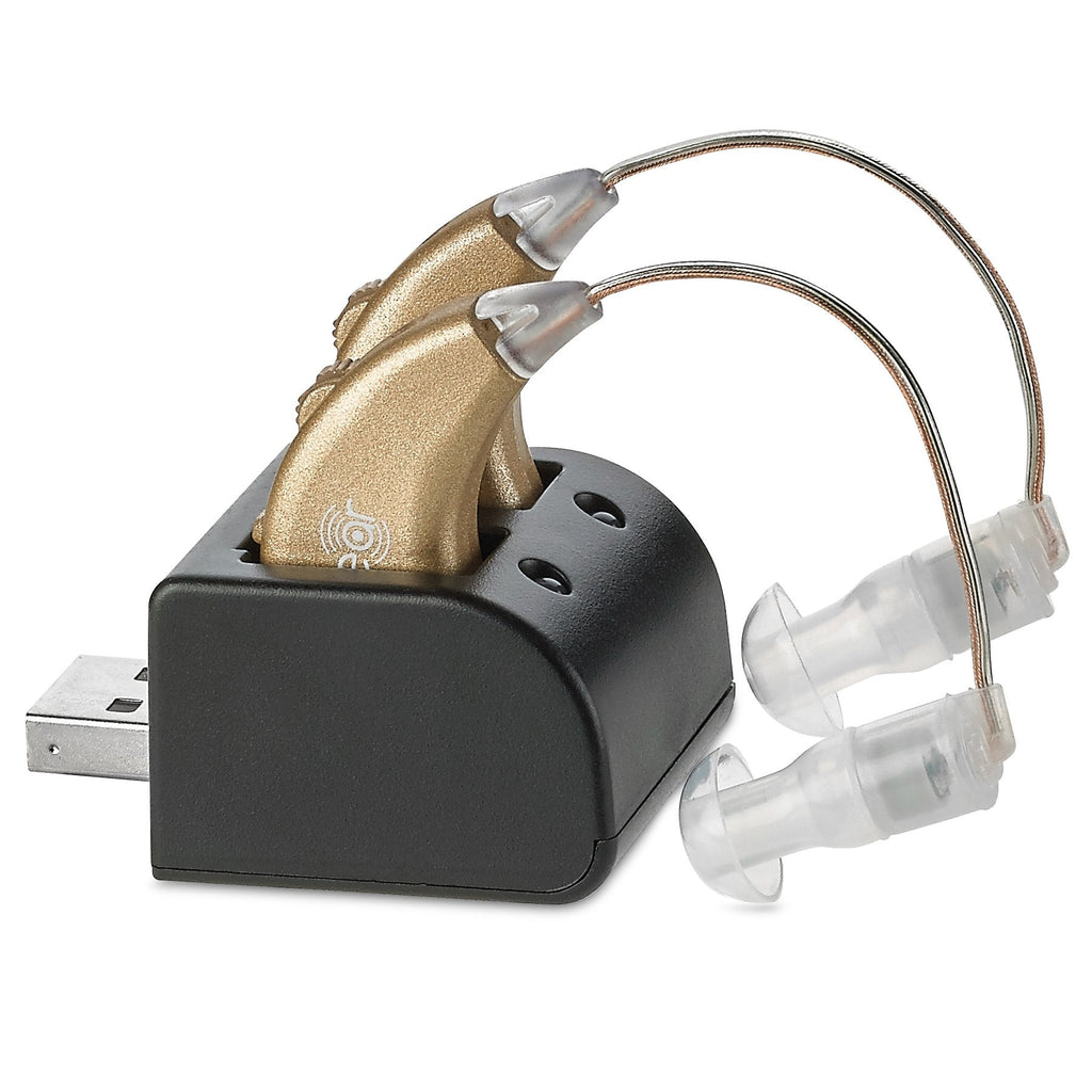 [Australia] - Digital Hearing Amplifiers - Rechargeable BTE Personal Sound Amplifier Pair with USB Dock - Premium Gold Behind The Ear Sound Amplification - by NewEar 