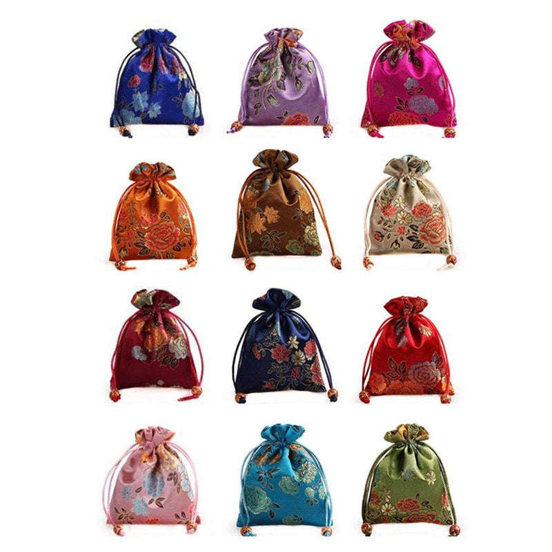 [Australia] - Lilith li 12Pcs/Set Silk Brocade Jewelry Pouch Double Layer Drawstring Coin Purse Gift Bag 