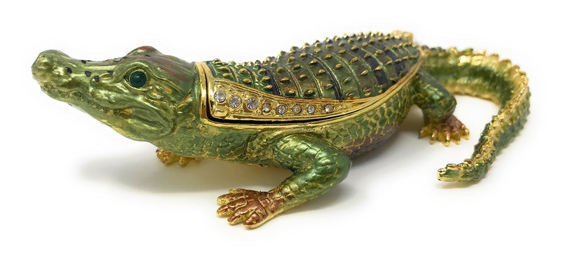 [Australia] - Kubla Crafts Enameled Green Alligator Trinket Box, Accented with Austrian Crystals 