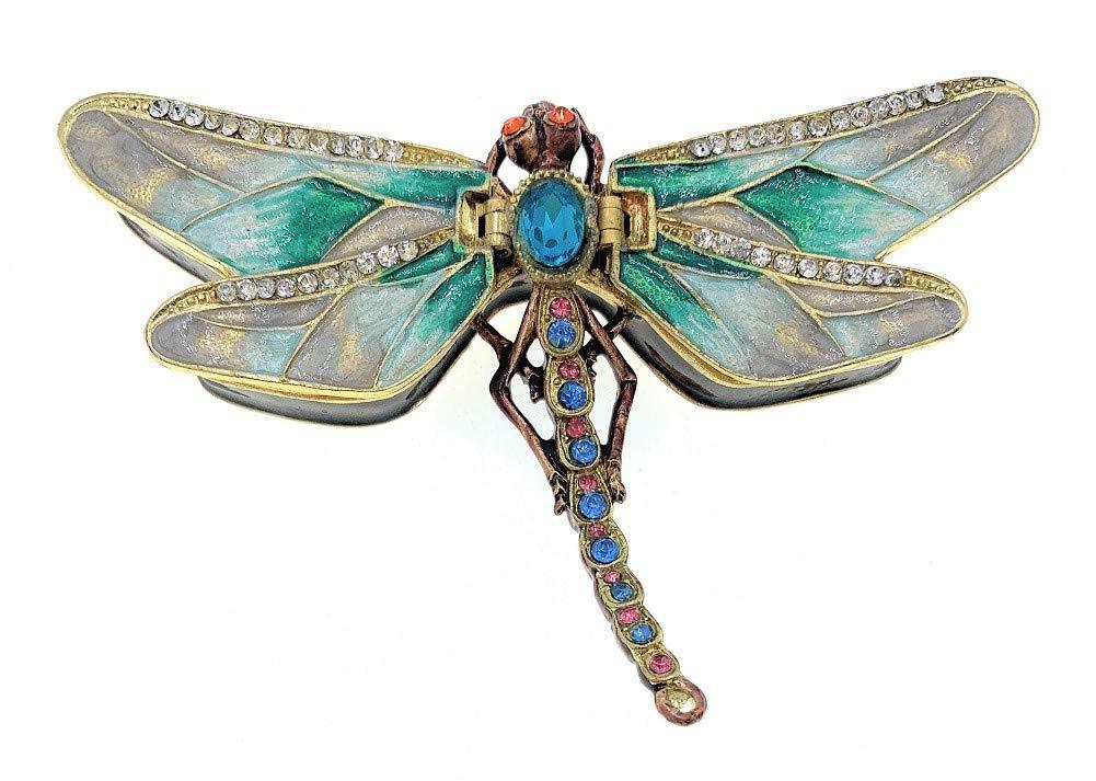 [Australia] - Kubla Crafts Enameled Green Dragonfly Trinket Box, Accented with Austrian Crystals, 2 Compartments 