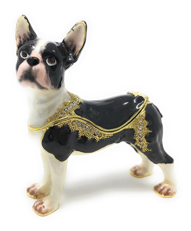 [Australia] - Kubla Crafts Enameled Boston Terrier Dog Trinket Box, Accented with Austrian Crystals 