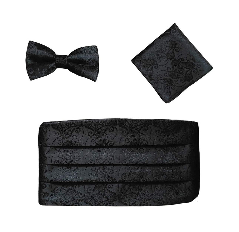 [Australia] - Simpowe Mens Matching Paisley Pocket Square Bow Tie and Cummerbund Set One Size Black 
