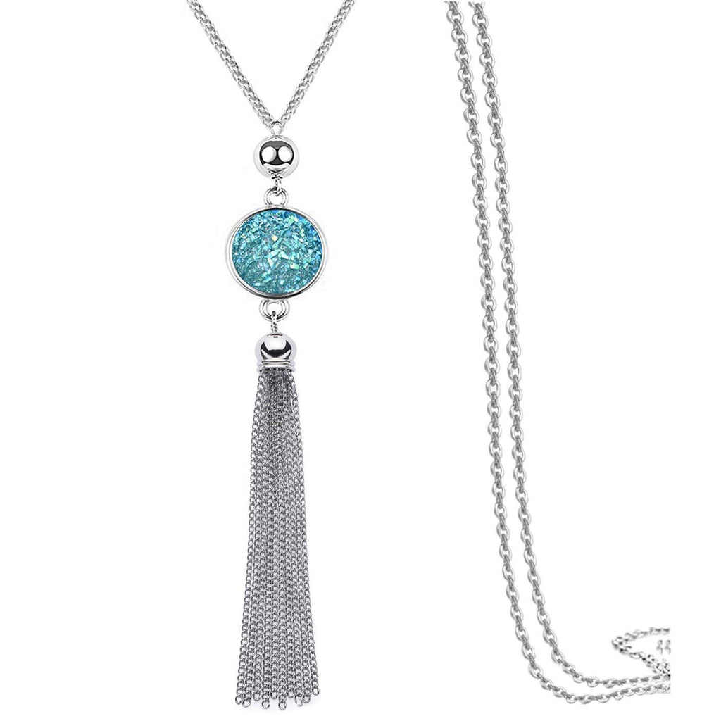 [Australia] - Long Chain Tassel Necklace Pendant Resin Sweater Chain Bohemian Style for Women, Change Color Light Blue 