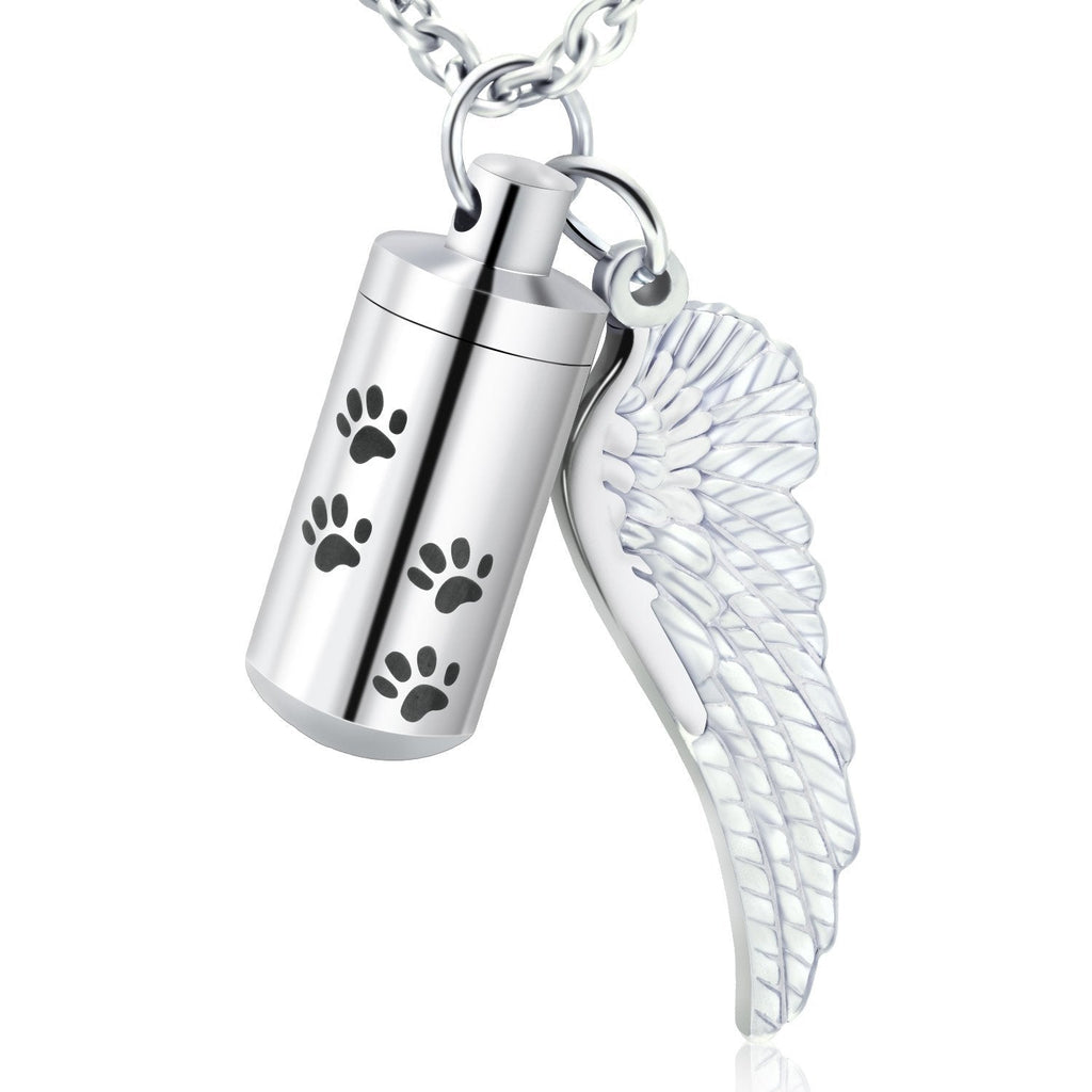 [Australia] - XIUDA Cylinder Cremation Necklace for Dog Ashes Angel Wing Urn Necklace with Pet Paw Print Memorial Ashes Necklace for Dog/Cat with Filling Kit S Silver no-engraving 