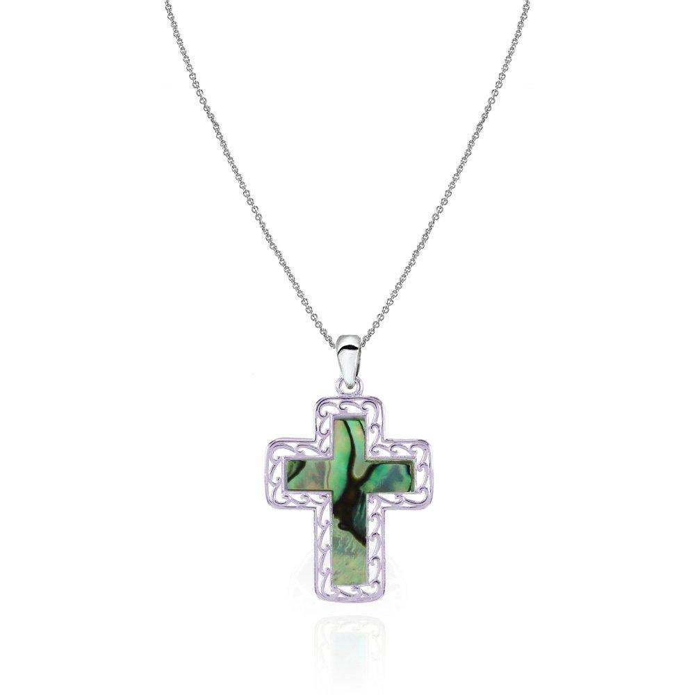 [Australia] - GemStar USA Sterling Silver Abalone or Simulated Turquoise Filigree Cross Pendant Necklace 