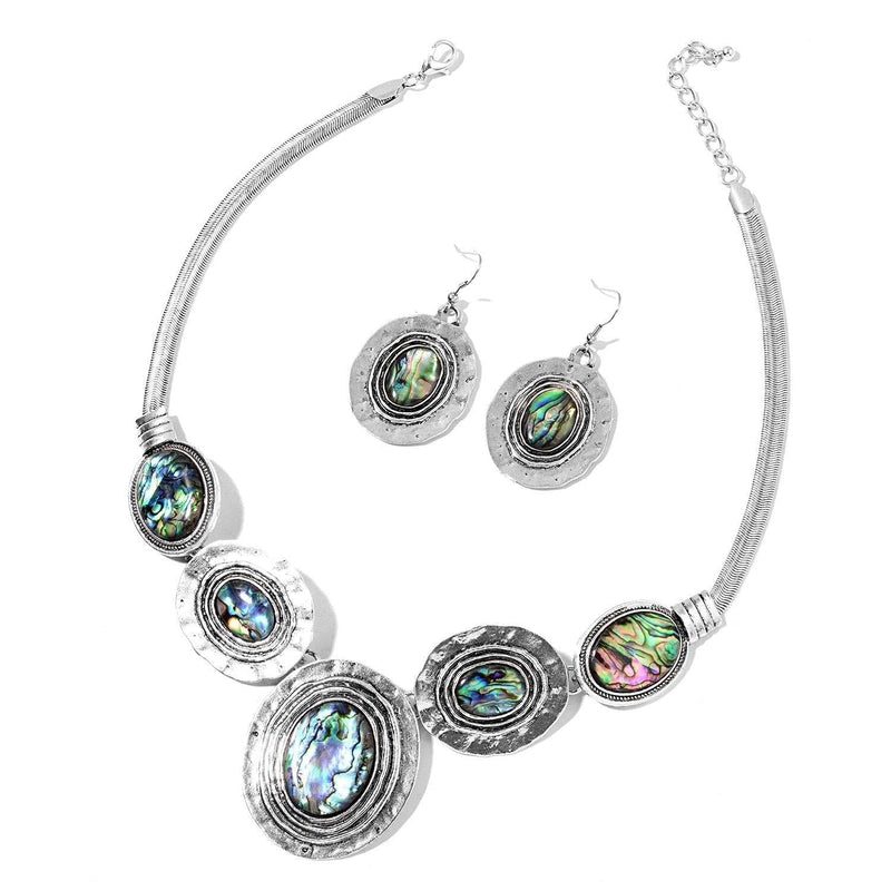 [Australia] - Womens Drop Abalone Shell Tribal Boho Coastal Hammered Dangle Vintage Drop Necklace Pendant Earrings 18"/20" (Set/Owl/Beach) Multi-color 