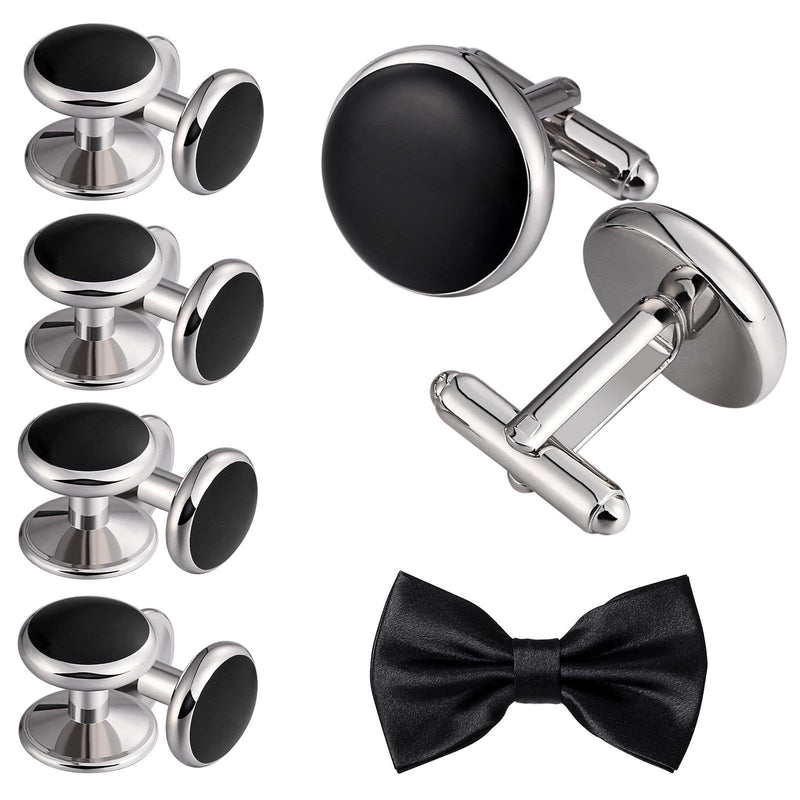 [Australia] - Aienid 2pcs Cufflinks and 8pcs Cuff Studs Set for Men Stainless Steel Tuxedo Shirts Business Wedding Silver Black 