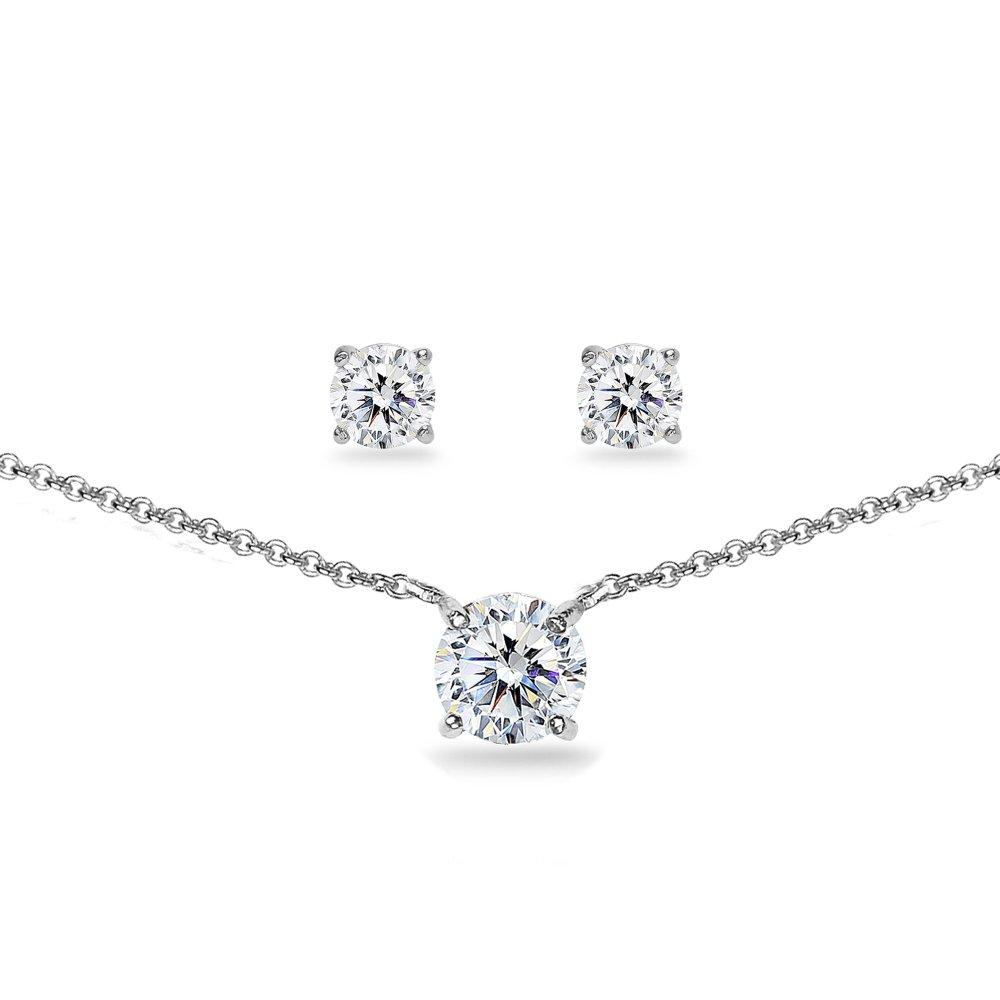 [Australia] - GemStar USA Sterling Silver Cubic Zirconia Round Solitaire Choker Necklace and Stud Earrings Set sterling-silver 