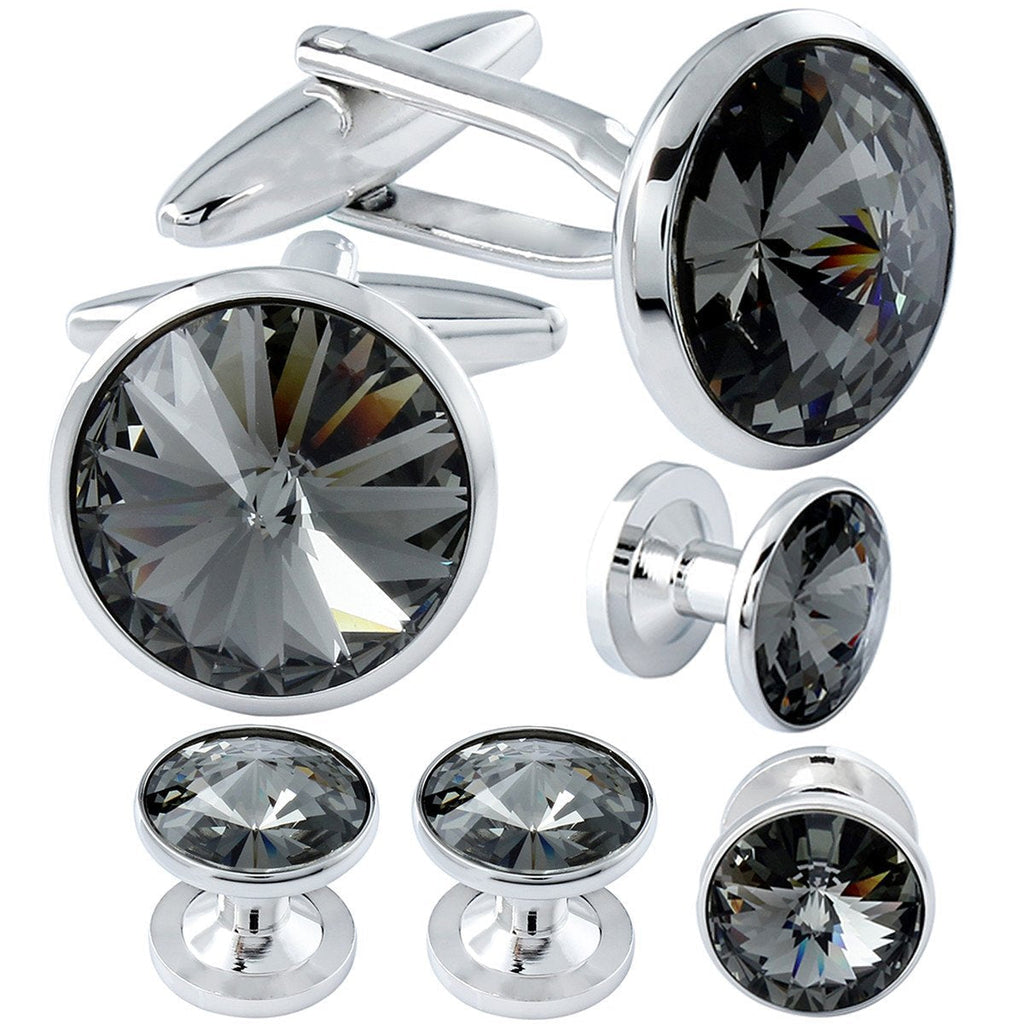 [Australia] - HAWSON Cufflink and Studs Tuxedo Set Silver Color with Swarovski Crystals in Jet Hematite, Dark Blue, Crystal Grey,Purple, Green Clear Gray(2 cufflinks & 4 studs) 