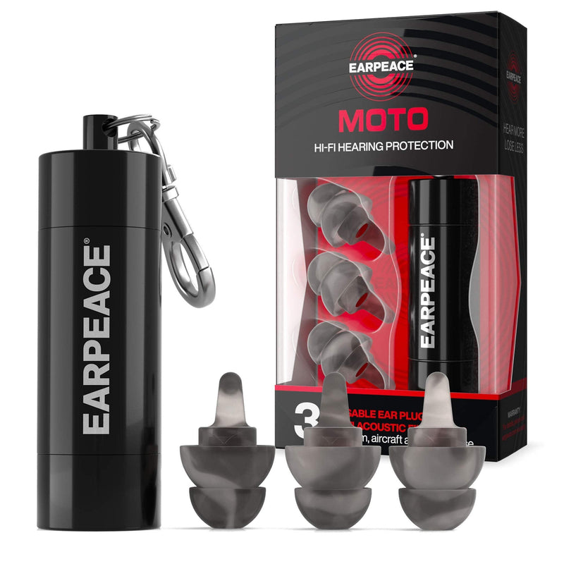 [Australia] - EARPEACE Moto Hearing Protection Earplugs – Reusable High Fidelity Earplugs for Motorcycle Riding – 3 Levels of Noise Reduction, Noise Cancelling Up to 26dB, Black Case Moto - Original 