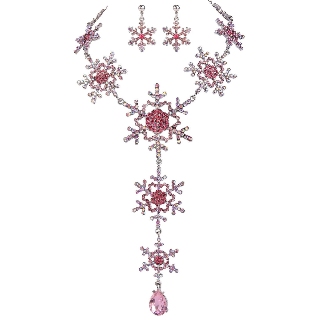 [Australia] - EVER FAITH Tear Drop Snowflake Necklace Earrings Set Austrian Crystal Pink Silver-Tone 