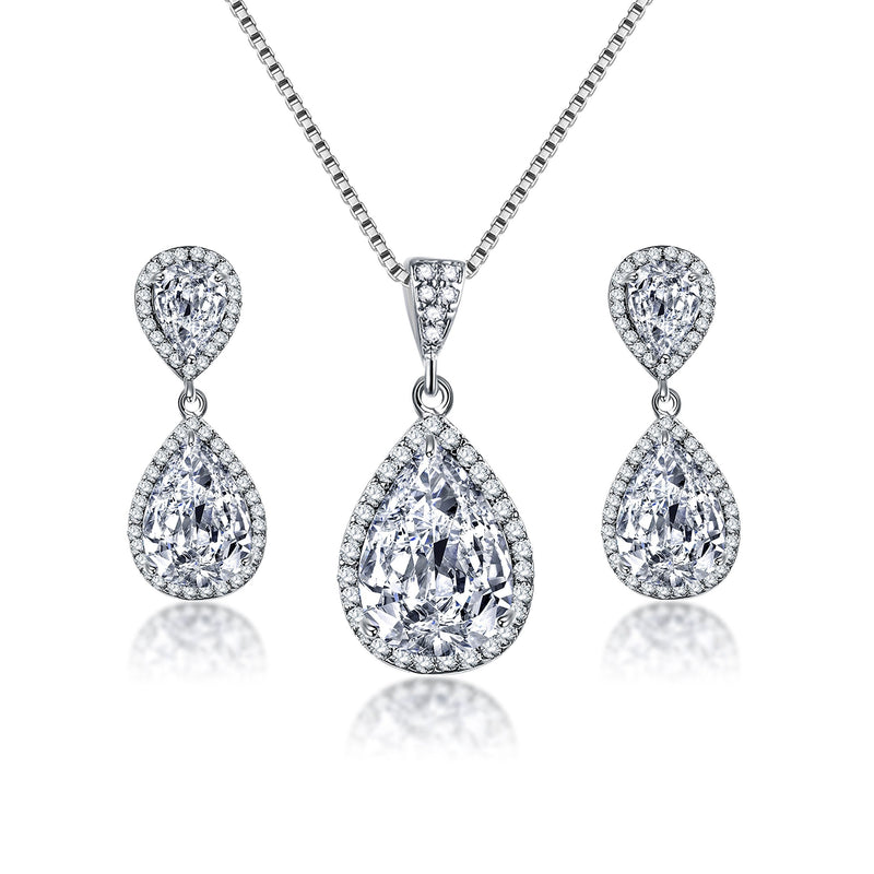 [Australia] - AMYJANE Elegant Jewelry Set for Women - Silver Teardrop Clear Cubic Zirconia Crystal Rhinestone Drop Earrings and Necklace Bridal Jewelry Sets Best Gift for Bridesmaids Guardian Angel 