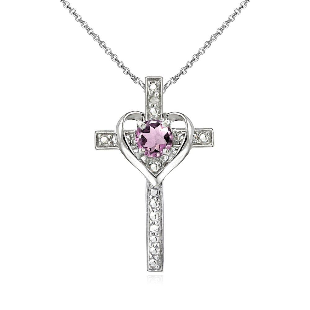 [Australia] - Sterling Silver Gem Cross Heart Pendant Necklace for Teens or Women Purple CZ - Silver 