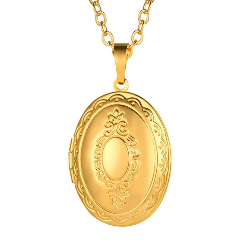 [Australia] - U7 Round Locket Necklace That Hold Picture Stainless Steel 18K Gold Plated Necklace with Photo Custom or Text Engrave Service, Gift for Women Girls 01.Gold Oval Flower Grain a.no custom 