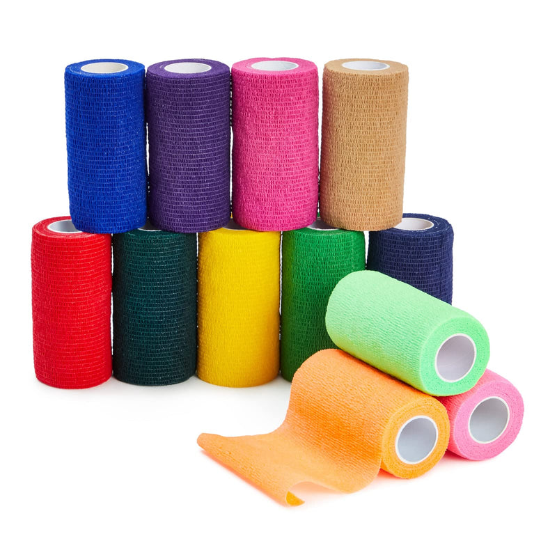 [Australia] - 12 Pack Self Adherent Stretch Bandage Roll, Vet Tape Wrap 4 Inch x 5 Yards for Sports, First Aid Kit (12 Colors) 