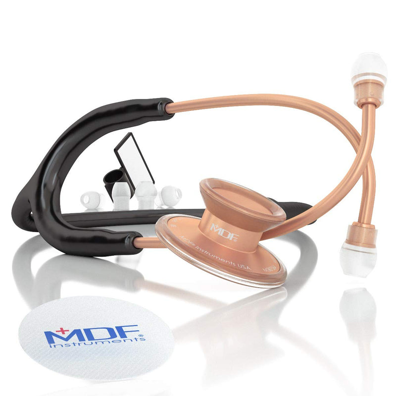[Australia] - MDF Acoustica Lightweight Stethoscope, Adult, Dual Head, Free-Parts-for-Life, Black Tube, Rosegold (Matte Finish) Chestpiece-Headset, MDF747XPRG11 RoseGold (Matte) - Black 