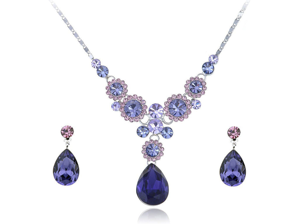 [Australia] - Alilang Swarovski Crystal Silvery Tone Purple Blue Rhinestones Floral Daisy Bib Necklace Stud Earrings Set 