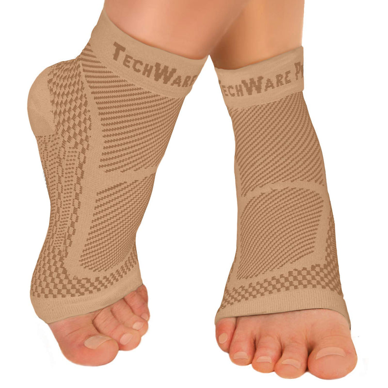 [Australia] - TechWare Pro Ankle Brace Compression Sleeve - Relieves Achilles Tendonitis, Joint Pain. Plantar Fasciitis Sock with Foot Arch Support Reduces Swelling & Heel Spur Pain. Injury Recovery for Sports Beige S / M (see size chart) 