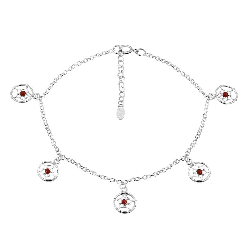 [Australia] - AeraVida Mystic Dangle Dreamcatcher with Reconstructed Red Coral Accent .925 Sterling Silver Link Anklet 