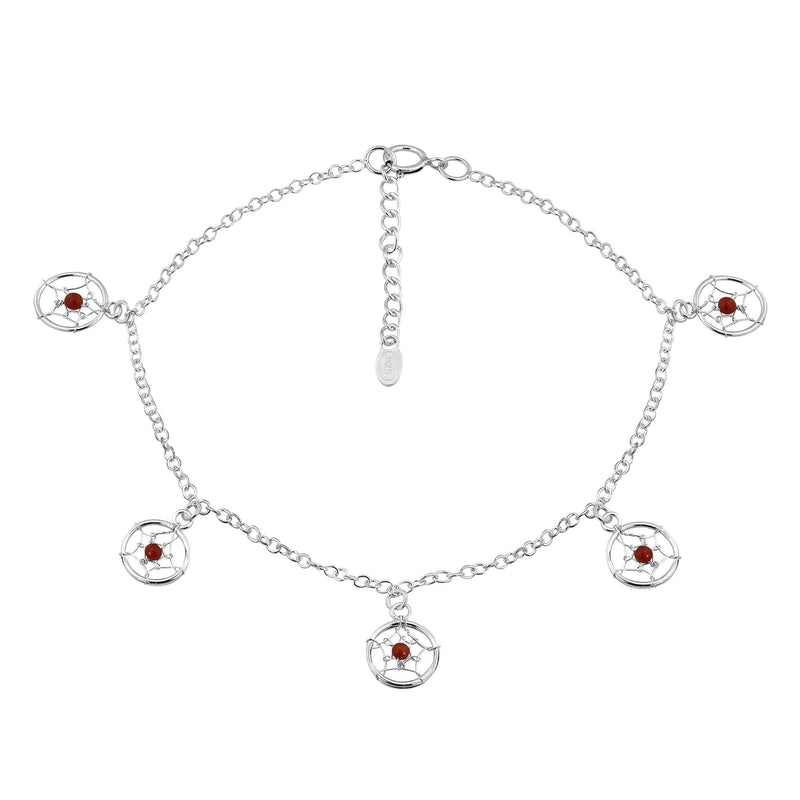 [Australia] - AeraVida Mystic Dangle Dreamcatcher with Reconstructed Red Coral Accent .925 Sterling Silver Link Anklet 