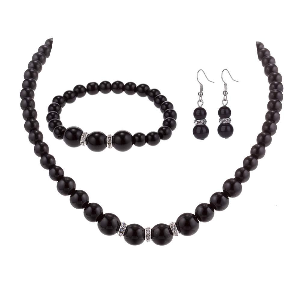 [Australia] - Femtindo Faux Pearl Necklace Earring and Bracelet Black Costume Jewelry Set for Women 
