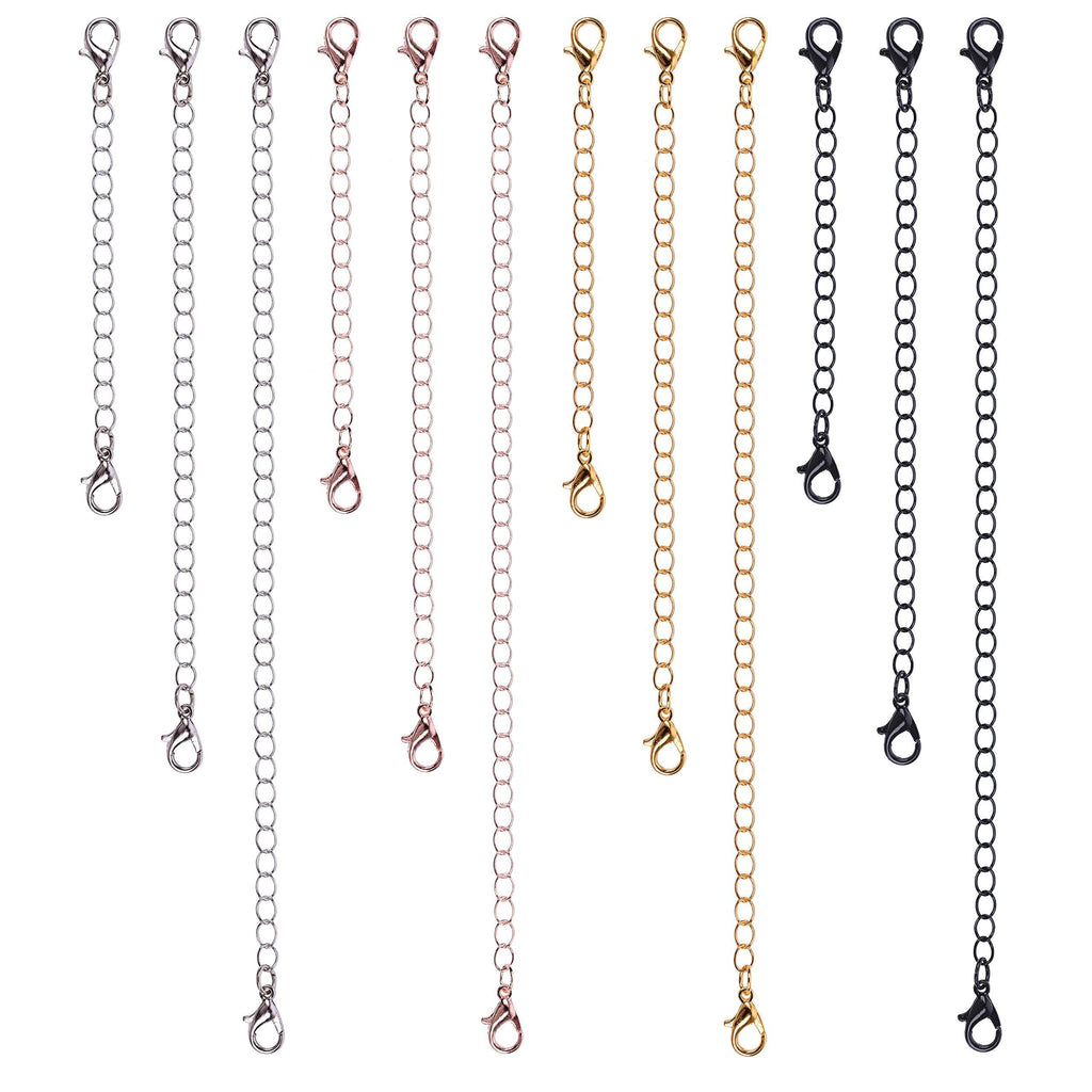 [Australia] - Paxuan 12pcs Silver Rose Gold Black Surgical Stainless Steel Necklace Bracelet Anklet Chain Extender Chain Set Jewelry Extenders 2'' 4'' 6'' 