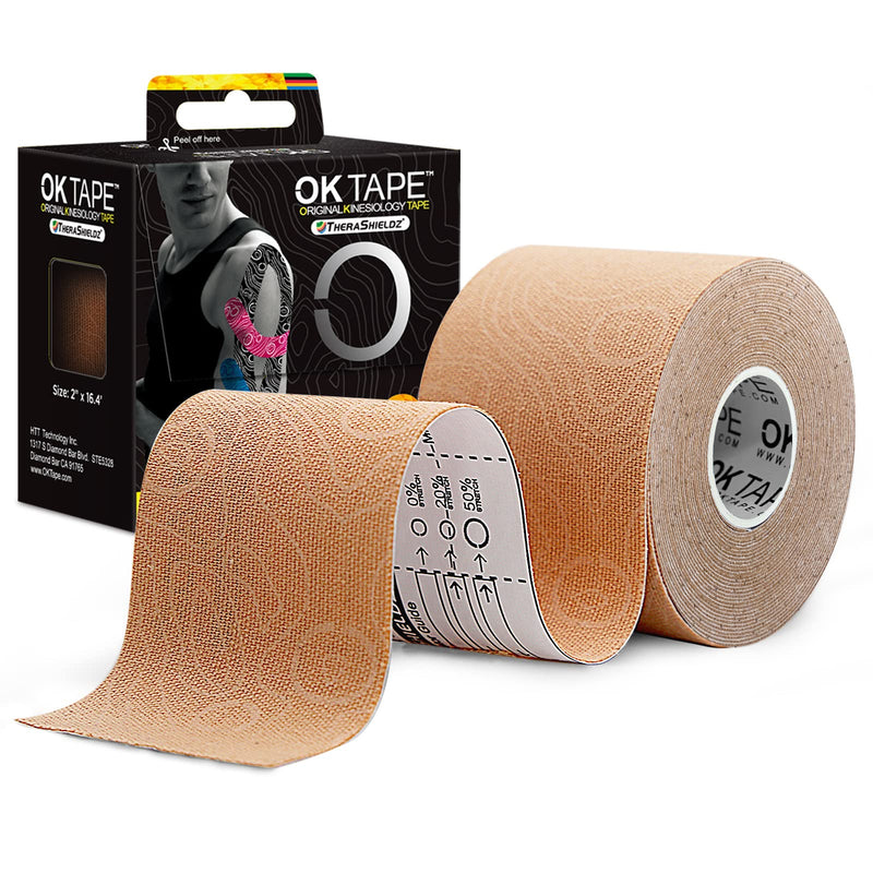 [Australia] - OK TAPE PRO Kinesiology Tape, 2inch x Long Roll 16ft Free Cut Tape, Elastic Athletic Tape Therapeutic Latex Free, Beige+Beige 