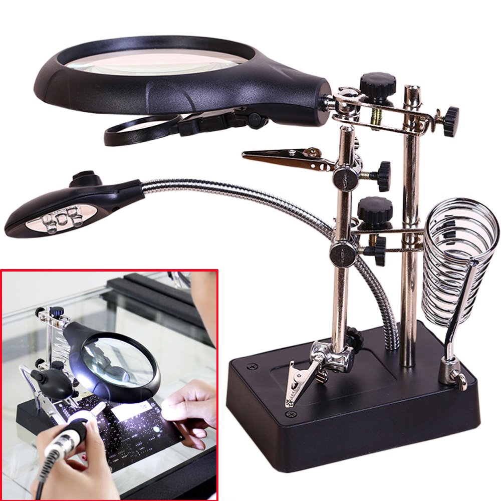 [Australia] - AORAEM LED Light Helping Hands Magnifier Station,2.5X 7.5X 10X Magnifying Glass Soldering with Clamp and Alligator Clips Desktop Magnifer Stand for Craft Carving Jewelry 