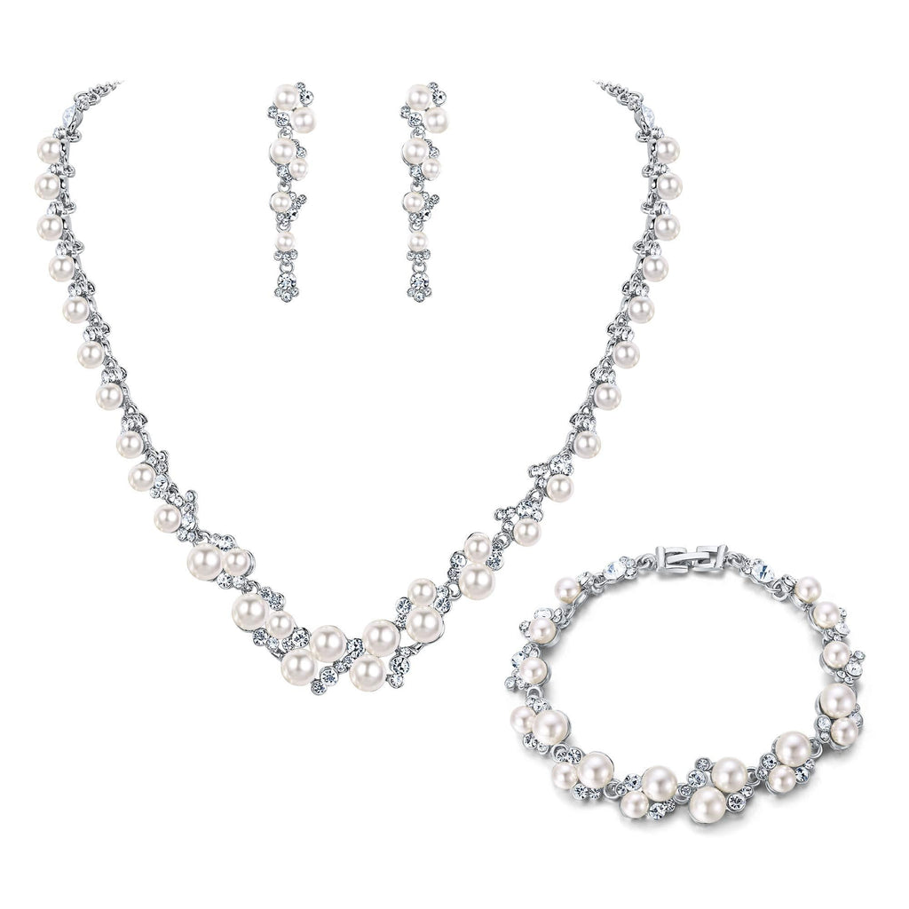 [Australia] - EVER FAITH Simulated Pearl Crystal Bridal Necklace Earrings Bracelet Set Clear Cream Simulated Pearl_Silver-tone 