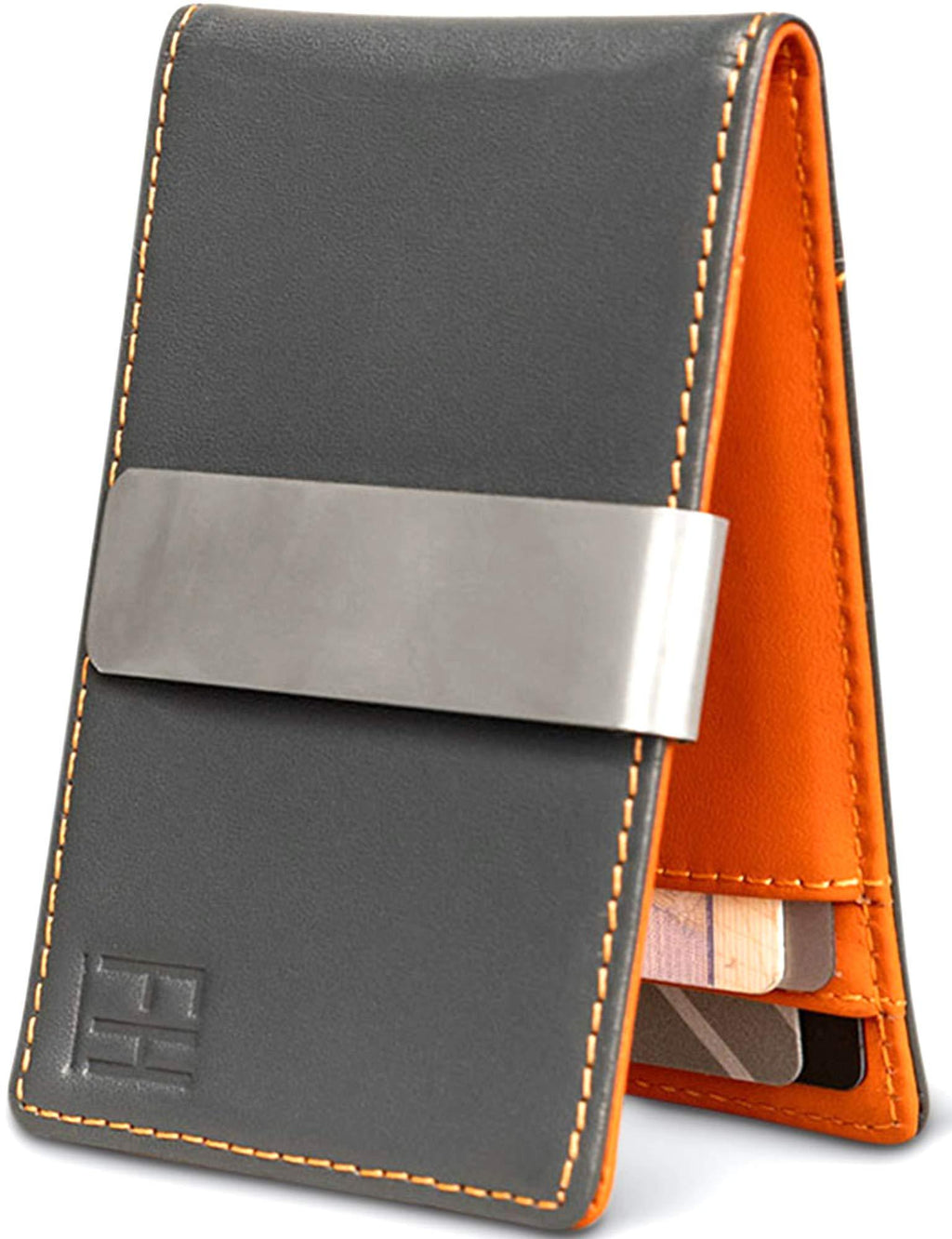 [Australia] - F&H Minimalist Slim Leather Wallet Money Clip Holds 8 Cards Charcoal / Rust 