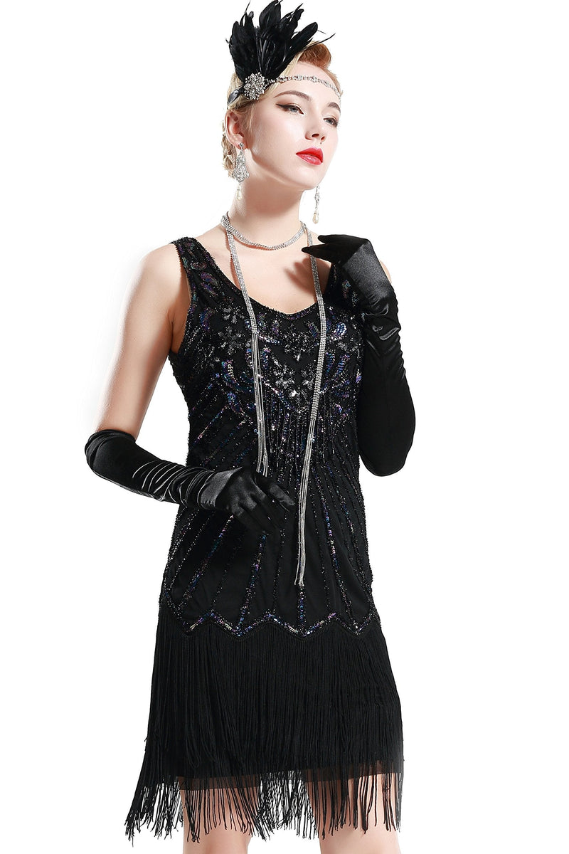 [Australia] - BABEYOND Women's Flapper Dresses 1920s V Neck Beaded Fringed Dress Great Gatsby Dress Black Medium 