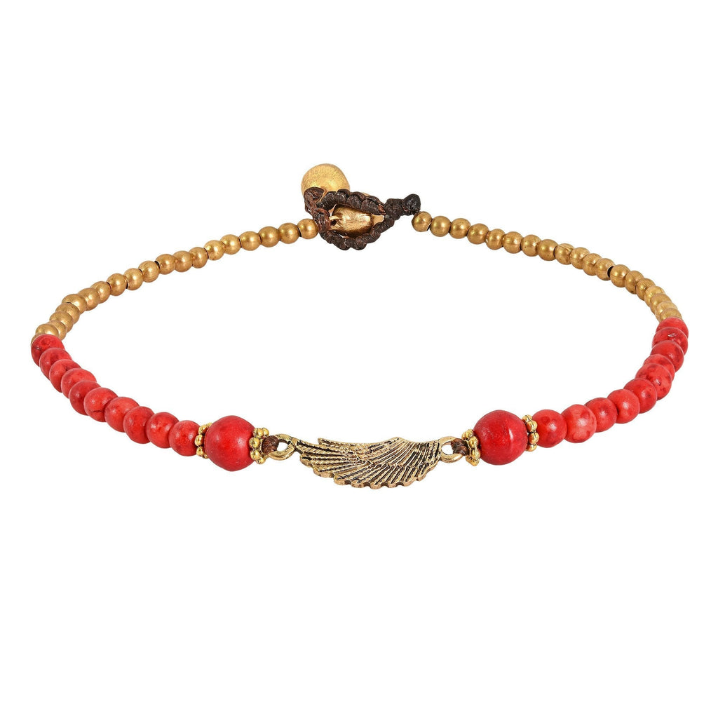[Australia] - AeraVida Charming Brass Wing with Reconstructed Red Coral & Fashion Brass Beads Handmade Link Anklet 