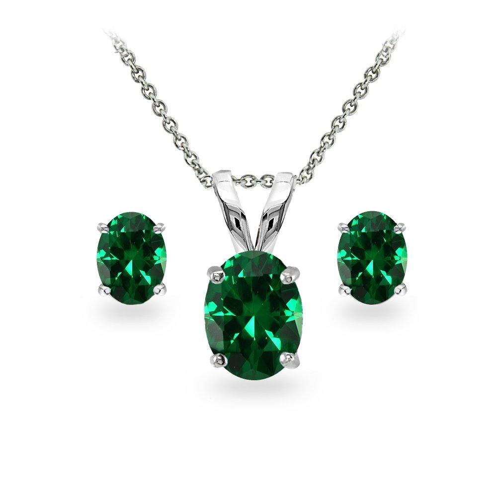 [Australia] - Sterling Silver Genuine, Created or Simulated Gemstone Oval Solitaire Necklace & Stud Earrings Set Simulated Emerald - Sterling Silver 