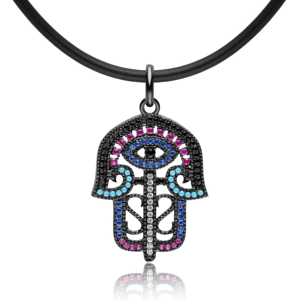 [Australia] - Karseer Coloured Crystals Filigree Hamsa Hand Charm Pendant Necklace Jewelry Gift for Women or Girls Cool Black 