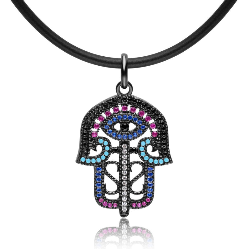 [Australia] - Karseer Coloured Crystals Filigree Hamsa Hand Charm Pendant Necklace Jewelry Gift for Women or Girls Cool Black 