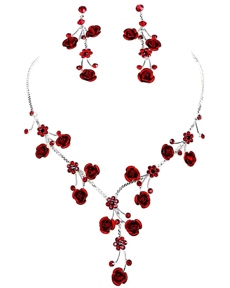 [Australia] - Faceted Metal Rose & Crystal Rhinestone Necklace & Earring Set for Bridal, Prom Red 