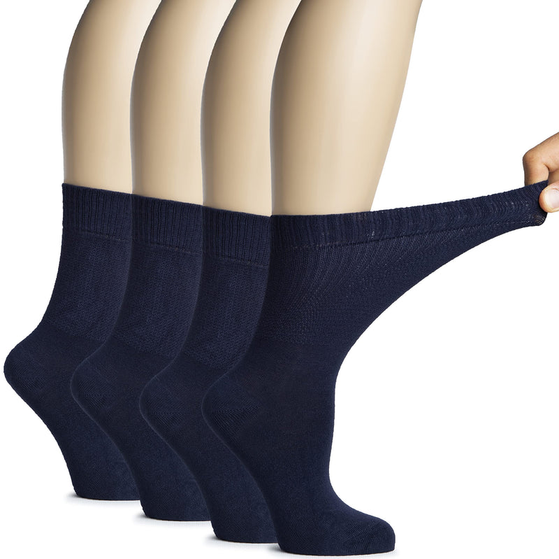 [Australia] - Hugh Ugoli Women's Bamboo Diabetic Crew Socks, Thin, Loose Fit, Soft, Wide Stretchy, Seamless Toe, 4 Pairs 6-9 Navy Blue 