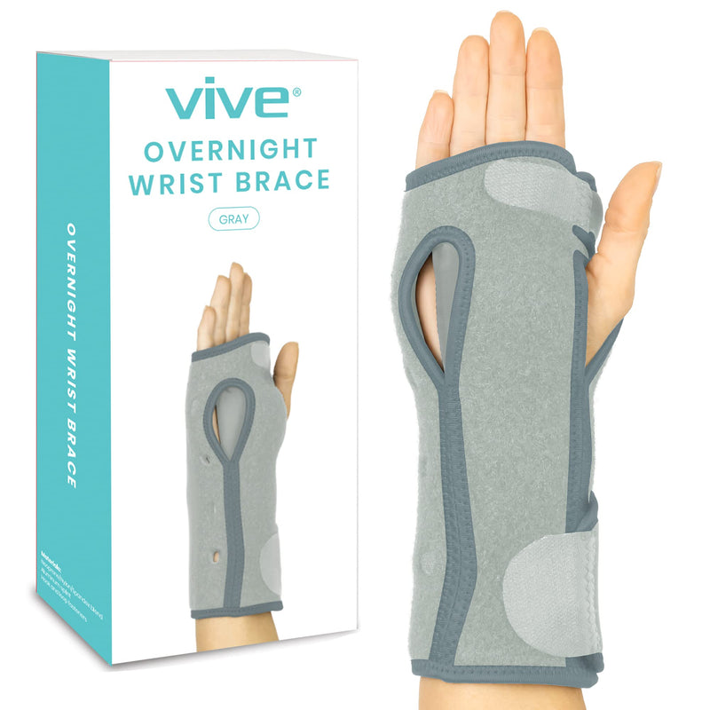 [Australia] - Vive Night Wrist Splint Brace - Left, Right Hand Sleep Support Wrap - Cushion Compression Arm Stabilizer for Carpal Tunnel, Men, Women, Kids, Sleep, Tendonitis, Athletic Sports Pain (Gray) Gray 