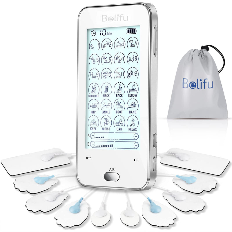 [Australia] - Belifu Dual Channel Tens Unit Electro Muscle Stimulator, Fully Isolated with Independent 24 Modes, Rechargeable Pulse Massager with Electrodes Pads for Neck Back Arms Chronic Pain Relief Body Building 