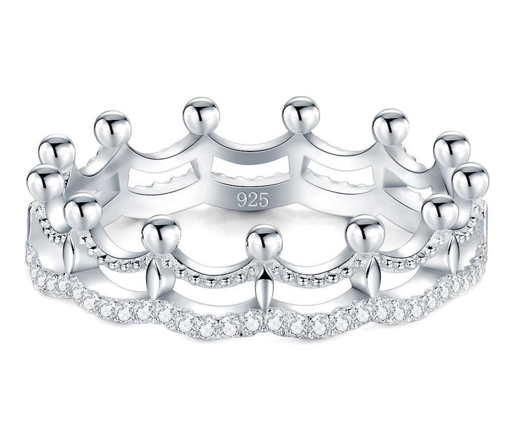 [Australia] - BORUO 925 Sterling Silver Ring, Cubic Zirconia Princess Crown Tiara Wedding Cz Band Eternity Ring 4 